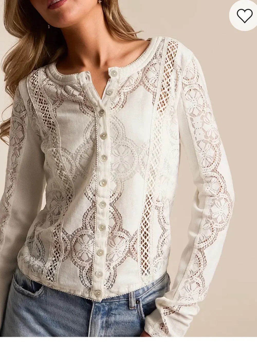 Free People Ivory Lace Button-Front Long Sleeve Top